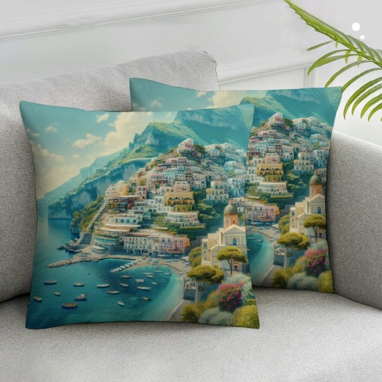 Ulloord Throw Pillow Covers Case for Couch Sofa Cozy Pink Panoramic View On Tourist Italian Riviera Pillowcase Home Decoration