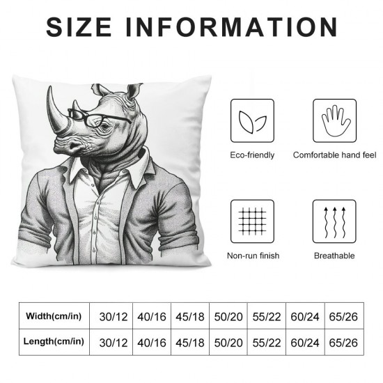 Ulloord  Rhino Pillow Home Decorative Throw Pillow Cover Case Dressed Up Rhino Square Cushion Cover Pillow Cases for Women Girls Boys Sofa Bedroom Livingroom ,Black and White