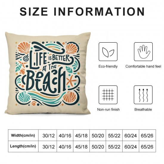 Ulloord Romantic Life is Better at The Beach Hidden Zipper Home Sofa Decorative  Throw Pillow Cover Cushion Case  Square Design Polyester Printed Pillowcase