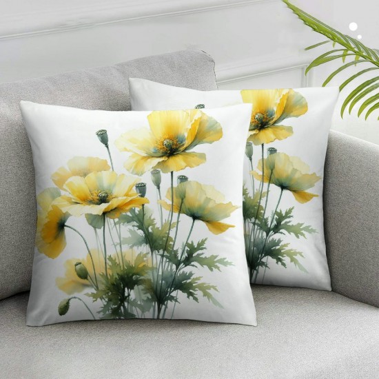 Ulloord Plush Square Green Yellow California Poppy Watercolor Painting Hidden Zipper Home Sofa Decorative  Throw Pillow Cover Cushion Case  Design Printed Pillowcase