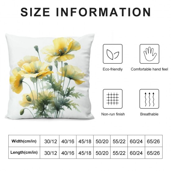 Ulloord Plush Square Green Yellow California Poppy Watercolor Painting Hidden Zipper Home Sofa Decorative  Throw Pillow Cover Cushion Case  Design Printed Pillowcase