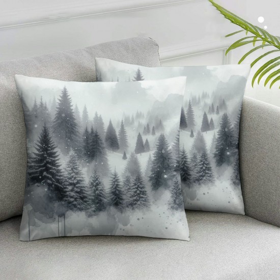 Ulloord Throw Pillow Cover Winter Forest Pine Spruce Trees White Space Snowy Christmas Cushion Case Home Office Sofa Hidden Zipper Pillowcase Square  Two Sides Printed