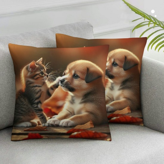 Ulloord Throw Pillow Covers Dog Kisses Kitten Cushion Cases Home Office Sofa Hidden Zipper Pillowcase Square Two Sides Printed