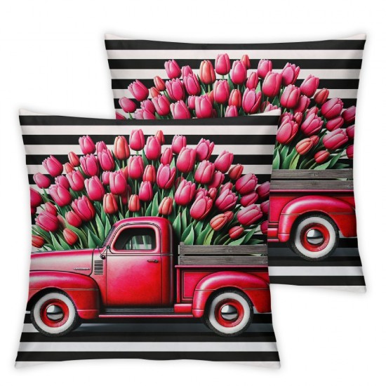 Ulloord  Emotion Valentines Day Pillow Covers Spring Buffalo Check Farmhouse Decor Red Truck with Tulips Red Love Holiday Decorations Throw Cushion Case for Home Decorations