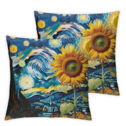 Ulloord Square Throw Pillow Covers Abstract Painting of Blue Starry Sky and Sunflowers Pillow Cases Decorative for Home Bedroom Sofa Pillowcases Standard Size