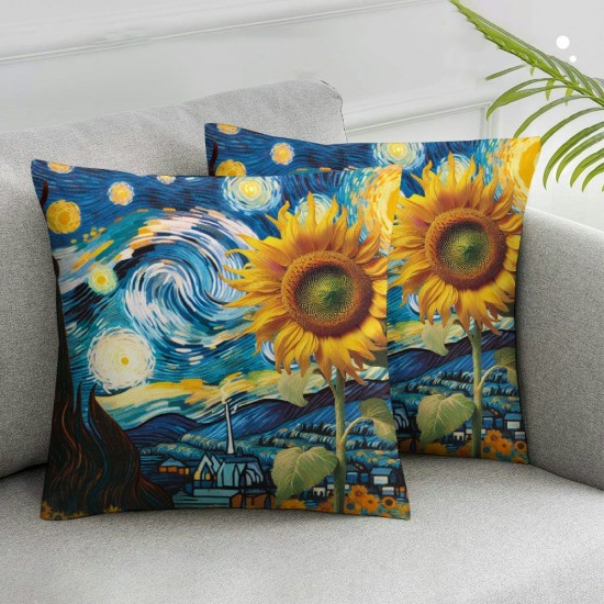 Ulloord Square Throw Pillow Covers Abstract Painting of Blue Starry Sky and Sunflowers Pillow Cases Decorative for Home Bedroom Sofa Pillowcases Standard Size