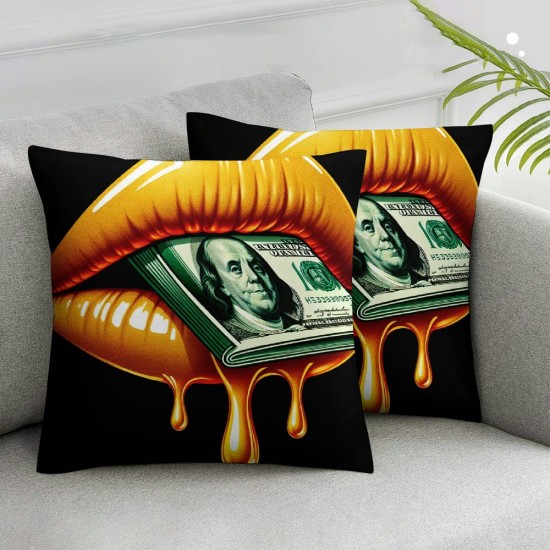 Ulloord Square Throw Pillow Covers Money Lips Fripping Gold Black Marble Texture Pillow Cases Decorative for Home Bedroom Sofa Pillowcases Standard Size