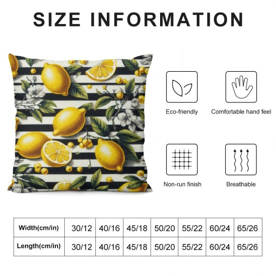 Ulloord Yellow Lemons Black and White Stripes Double Sided Pillow Cases Summer Fresh Fruit Pattern Plush Pillowcase Square Cushion Pillow Covers for Sofa Bed Home Decor