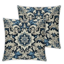 Ulloord Pillow Cover Pattern Blue Beige Endless in Retro Linoleum Floral Turkish Decorative Linen Throw Pillow Case for Sofa Car Bedding Decoration