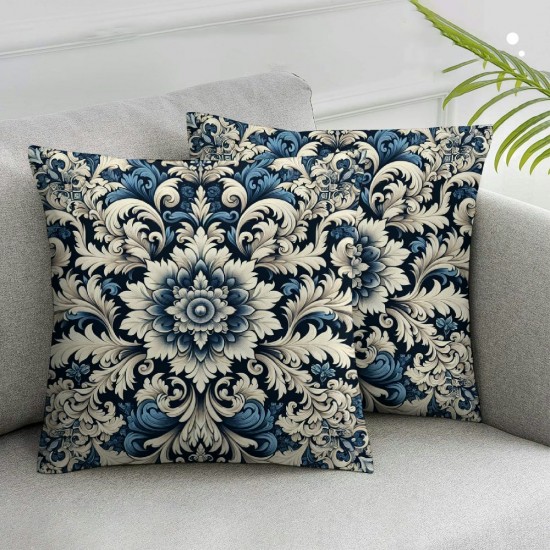 Ulloord Pillow Cover Pattern Blue Beige Endless in Retro Linoleum Floral Turkish Decorative Linen Throw Pillow Case for Sofa Car Bedding Decoration