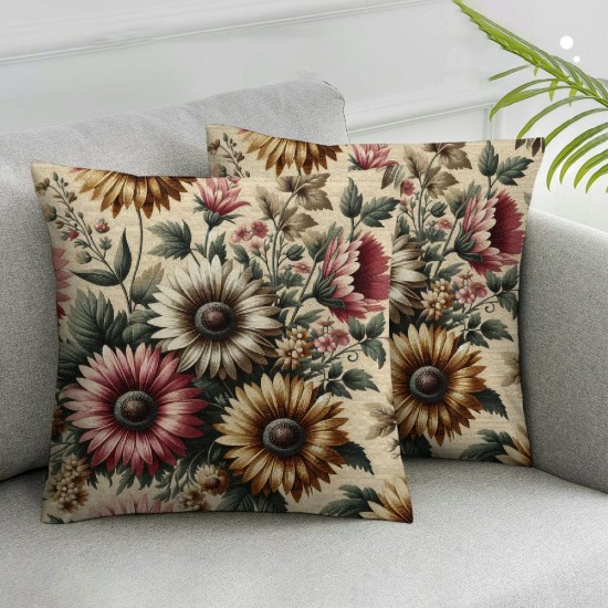 Ulloord Throw Pillow Cover Linen Retro Spring Color Gerbera Pattern Summer Bouquet On Romantic Decorative Square Pillow Case for Sofa Home Decoration