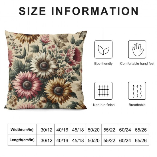 Ulloord Throw Pillow Cover Linen Retro Spring Color Gerbera Pattern Summer Bouquet On Romantic Decorative Square Pillow Case for Sofa Home Decoration