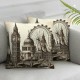 Decorative Square Throw Pillow Cover Linen Panoramic View White Watercolor Hand Design Europe Landmarks Pillow Case for Couch Sofa Home Decoration