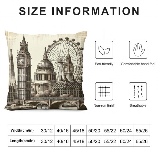 Decorative Square Throw Pillow Cover Linen Panoramic View White Watercolor Hand Design Europe Landmarks Pillow Case for Couch Sofa Home Decoration