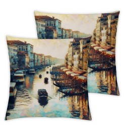 Ulloord Decorative Square Throw Pillow Cover Linen Old Impressionism City Paper Style Preserved Texture Oil Painting Cloud Landscape Trip View Pillow Case for Couch Sofa Home Decoration