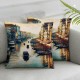 Ulloord Decorative Square Throw Pillow Cover Linen Old Impressionism City Paper Style Preserved Texture Oil Painting Cloud Landscape Trip View Pillow Case for Couch Sofa Home Decoration