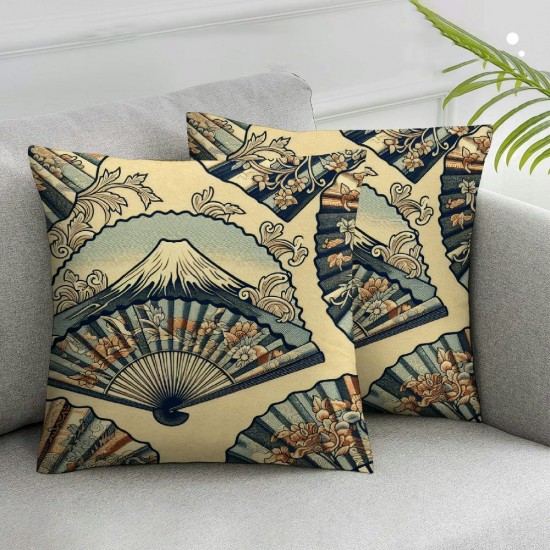 Ulloord Decorative Square Throw Pillow Cover Linen Mount Brown Fuji Mountain Hand Flower Fans Chrysanthemum Flowers Cloud Wing Nature Pillow Case for Couch Sofa Home Decoration