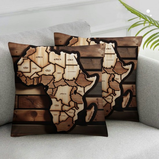 Ulloord  Brown Wooden Map Africa Throw Pillow Covers, Decorative Pillow Covers Digital Printing Blended Fabric for Couch Sofa Bed Invisible Zipper