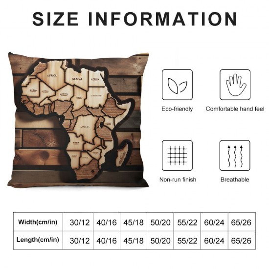 Ulloord  Brown Wooden Map Africa Throw Pillow Covers, Decorative Pillow Covers Digital Printing Blended Fabric for Couch Sofa Bed Invisible Zipper