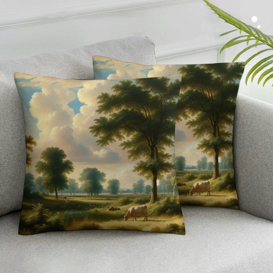 Ulloord Throw Pillow Covers, Oil Painting Landscape Tree Lined Decorative Pillow Covers Digital Printing for Couch Sofa Bed Invisible Zipper