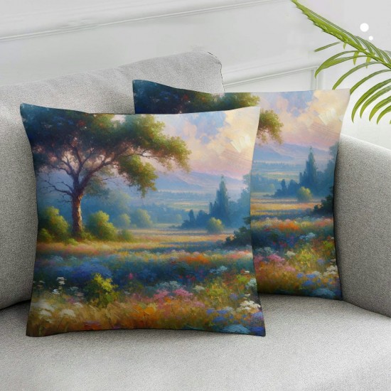 Ulloord Pillow Cover Impressionism Oil Painting Colorful Field Flowers Blue Garden Forest Decorative Linen Throw Pillow Case for Sofa Car Bedding Decoration