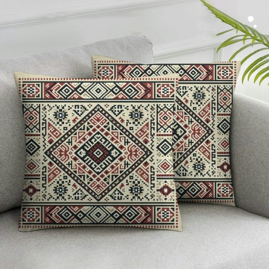 Ulloord Decorative Square Throw Pillow Cover Linen Decoration Crimson Red Beige Yemen Style Sadu Abstract Vintage Kuwait Textures Pillow Case for Couch Sofa Home Decoration