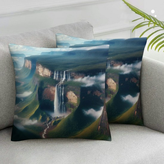 Ulloord  Blue Nature Waterfall Throw Pillow Covers,Green Beautiful Decorative Pillow Covers Digital Printing Linen Blended for Couch Sofa Bed Invisible Zipper