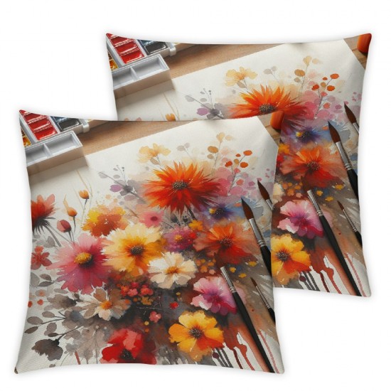 Ulloord  Red Watercolor Flower Throw Pillow Covers,Yellow Summer Decorative Pillow Covers Digital Printing Linen Blended for Couch Sofa Bed Invisible Zipper