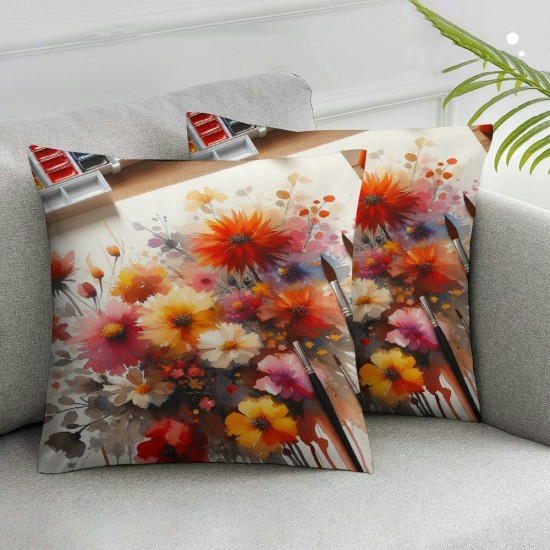 Ulloord  Red Watercolor Flower Throw Pillow Covers,Yellow Summer Decorative Pillow Covers Digital Printing Linen Blended for Couch Sofa Bed Invisible Zipper