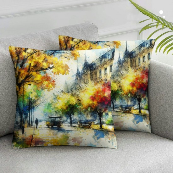 Ulloord Pillow Cover Colorful Town Autumn Street Landscape Artistic Decorative Linen Throw Pillow Case for Sofa Car Bedding Decoration