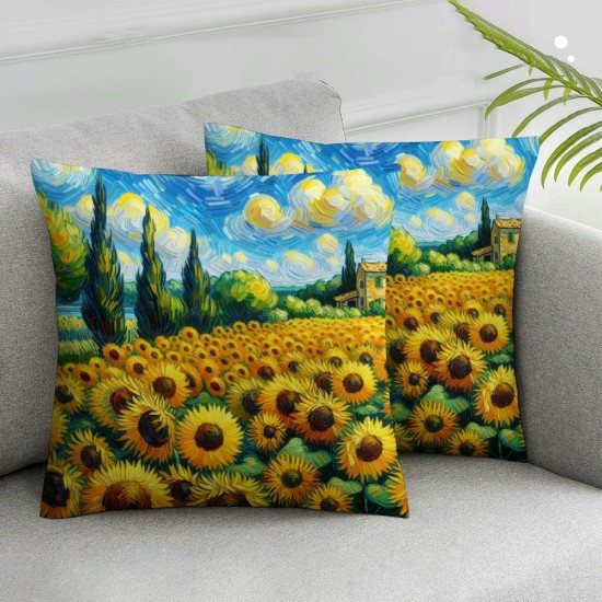 Ulloord  Sunflowers Oil Painting Throw Pillow Covers,Sunflower Field Wall Art Oil Decorative Pillow Covers Digital Printing Linen Blended for Couch Sofa Bed Invisible Zipper