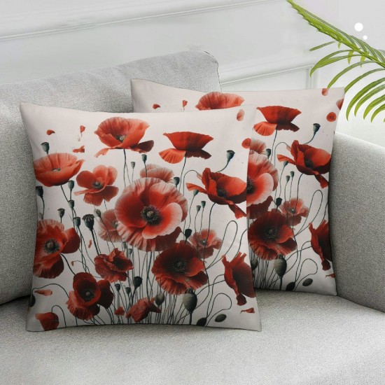 Ulloord  Spring Pillows Decorative Throw Pillow Covers  Poppy Flowers White Poppy Red Beautiful White Beauty Bloom Blossom Double Sided Square Pillow Cases Pillowcase Sofa Cushion