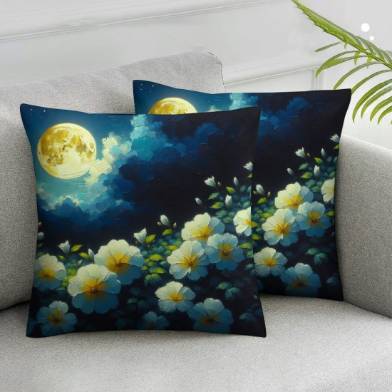 Ulloord  Flowers Oil Painting Throw Pillow Covers,White Flowers with Moon Cloud Decorative Pillow Covers Digital Printing Blended Fabric for Couch Sofa Bed Invisible Zipper