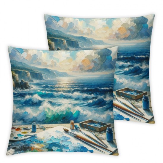 Ulloord  Beach Blue Bright Decorative Pillow Covers, Sunrise Seascape Ocean Beach Art Room Decor Couch Sofa Bed Square Linen Throw Pillow Covers for Living Room