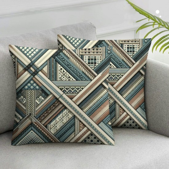 Ulloord  Brown White Abstract Blue Plaid Throw Pillow Covers,Green and Brown Checked Decorative Pillow Covers Digital Printing Linen Blended for Couch Sofa Bed Invisible Zipper