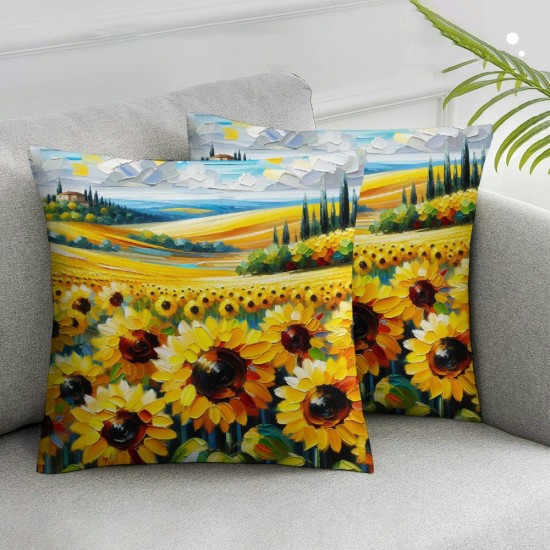 Ulloord  Sunflowers Oil Painting Throw Pillow Covers,Sunflower Field Wall Art Oil Decorative Pillow Covers Digital Printing Blended Fabric for Couch Sofa Bed Invisible Zipper