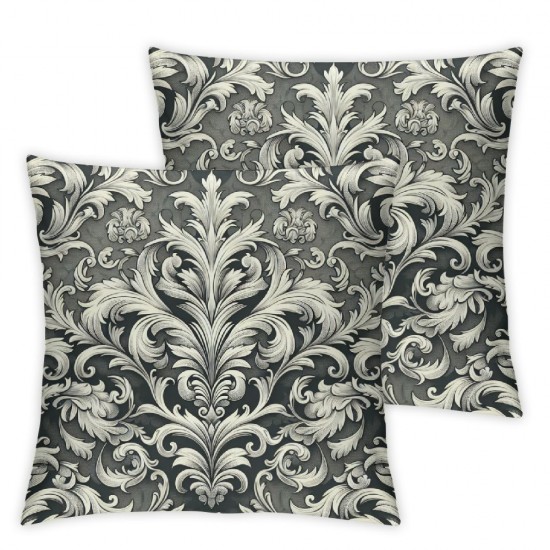 Ulloord Black Grey Throw Pillow Covers,Flourish Damask Gray On Black Decorative Pillow Covers Digital Printing Linen Blended for Couch Sofa Bed Invisible Zipper