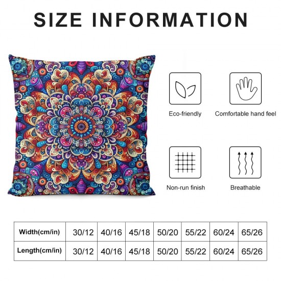 Ulloord  Colorful Vintage Mandala Throw Pillow Covers, Decorative Pillow Covers Digital Printing Linen Blended for Couch Sofa Bed Invisible Zipper