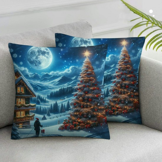 Ulloord Hous Christmas Throw Pillow Covers,Landscape Night Gift Bag Decorative Pillow Covers Digital Printing Linen Blended for Couch Sofa Bed Invisible Zipper