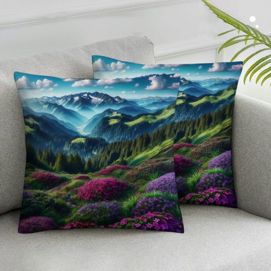 Ulloord Pink Landscape Throw Pillow Covers,Wildflowers Decorative Pillow Covers Digital Printing Blended Fabric for Couch Sofa Bed Invisible Zipper