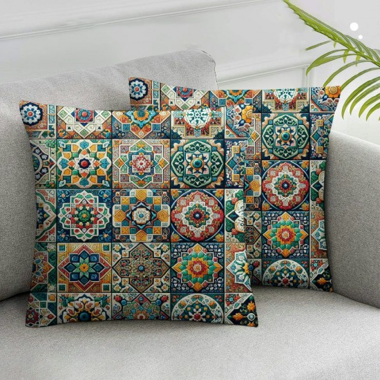 Ulloord  Moroccan Tile Throw Pillow Covers,Ornament Portuguese Mosaic Decorative Pillow Covers Digital Printing Blended Fabric for Couch Sofa Bed Invisible Zipper