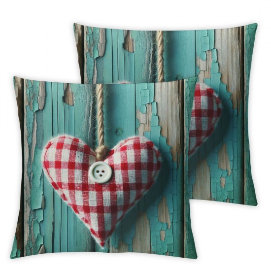 Ulloord Wooden Hearts Love Throw Pillow Covers, Red Checkered Rope Antique Wood Decorative Pillow Covers Digital Printing Linen Blended for Couch Sofa Bed Invisible Zipper