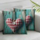 Ulloord Wooden Hearts Love Throw Pillow Covers, Red Checkered Rope Antique Wood Decorative Pillow Covers Digital Printing Linen Blended for Couch Sofa Bed Invisible Zipper