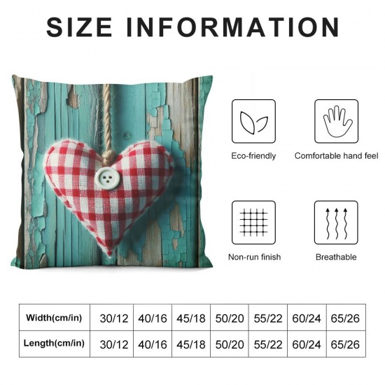 Ulloord Wooden Hearts Love Throw Pillow Covers, Red Checkered Rope Antique Wood Decorative Pillow Covers Digital Printing Linen Blended for Couch Sofa Bed Invisible Zipper