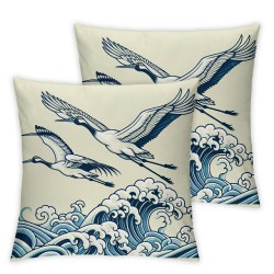 Ulloord Throw Pillow Covers Crane Bird Blue Sea Wave Flowers Design Square Pillowcase for Home Decor Sofa Car Bedroom Pillow case