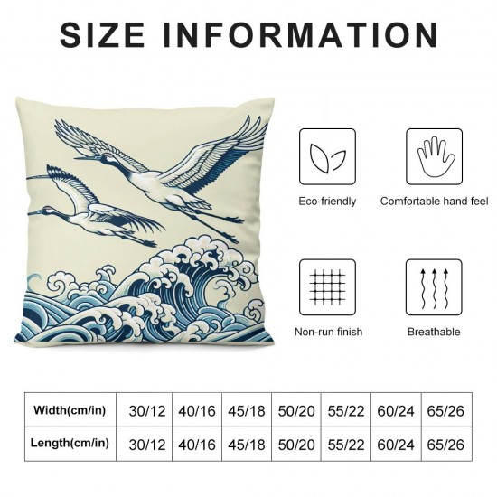 Ulloord Throw Pillow Covers Crane Bird Blue Sea Wave Flowers Design Square Pillowcase for Home Decor Sofa Car Bedroom Pillow case