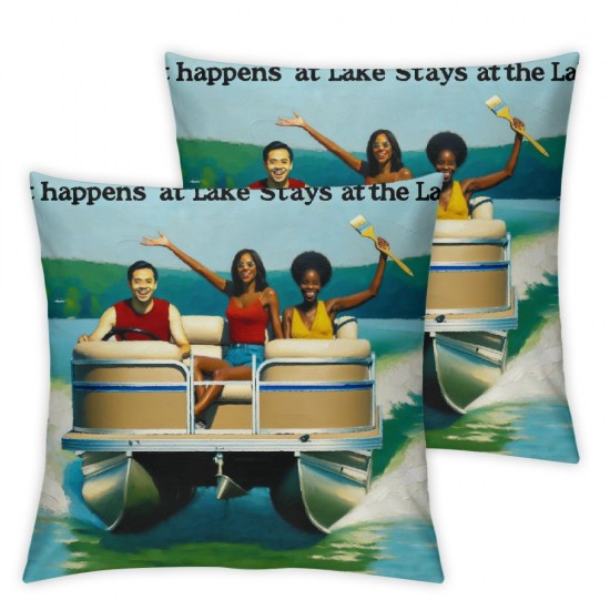 Ulloord Hopyeer Throw Pillow Covers Decor What Happens at The Lake Stays at The Lake Quote with Exciting Drift Boat Pillowcase Decor Outdoor Car Chair Cushion Cover