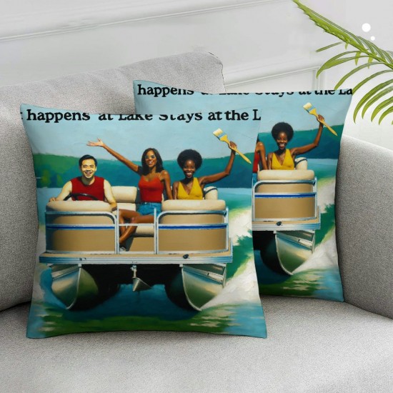 Ulloord Hopyeer Throw Pillow Covers Decor What Happens at The Lake Stays at The Lake Quote with Exciting Drift Boat Pillowcase Decor Outdoor Car Chair Cushion Cover