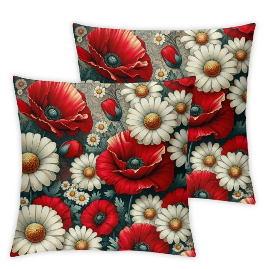 Ulloord Red Poppy Throw Pillow Covers Romantic Garden Flowers Red Poppies with White Daisies Insect Bee Design Pillow Cushion Cover Decor Outdoor Sofa