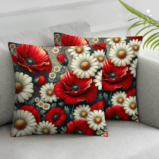 Ulloord Red Poppy Throw Pillow Covers Romantic Garden Flowers Red Poppies with White Daisies Insect Bee Design Pillow Cushion Cover Decor Outdoor Sofa